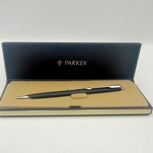 Parker Matte Black Ballpoint Pen Chrome Trim Made in USA with Original Box Case
